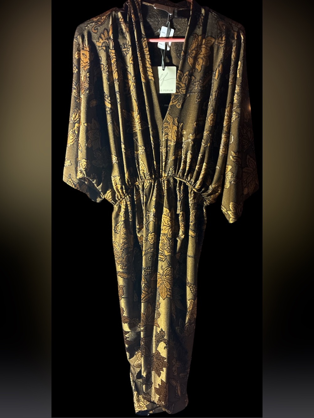 Dress Forum Gold Metallic Floral Plunging Ruched Midi Dress - Size S